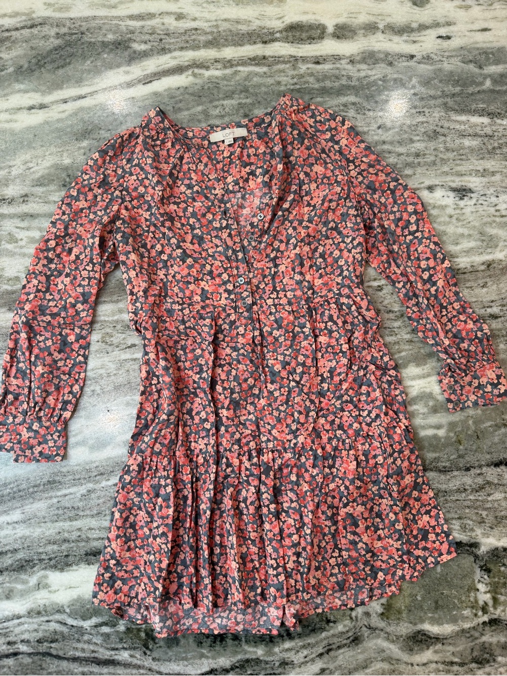 LOFT Pink Floral Long-Sleeve Tiered Button Dress